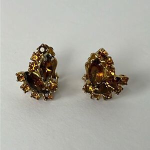 Vtg Brown Marquee Faux Topaz Rhinestone Gold Toned Clip On Statement Earrings